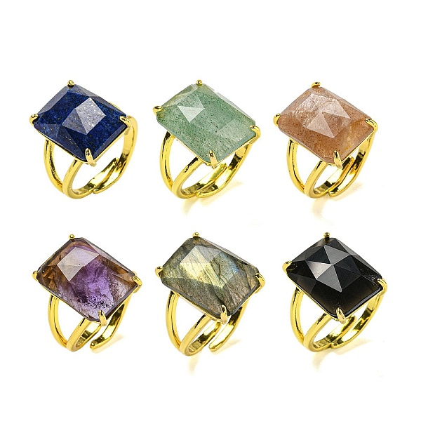 

PandaHall Rectangle Natural Gemstone Open Cuff Rings, Golden Plated Brass Ring for Unisex, Inner Diameter: Adjustable Mixed Stone Rectangle