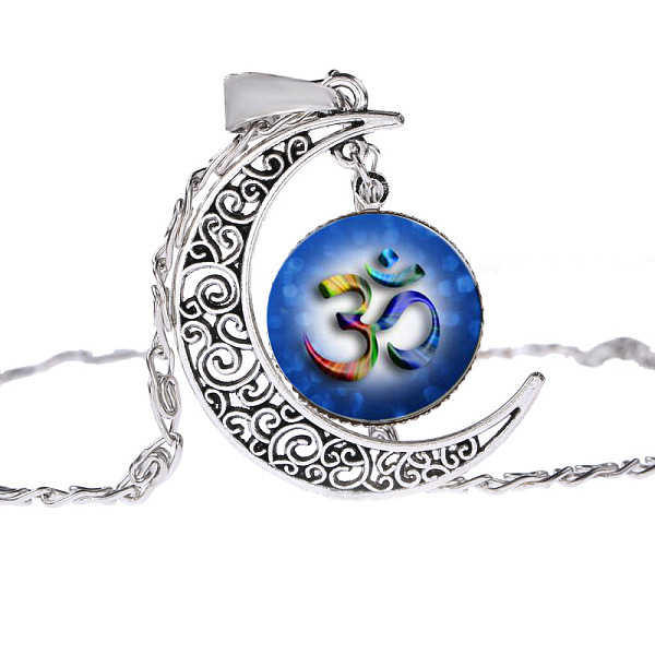 

PandaHall Moon with Sun Glass Pendant Necklace, Om Aum Ohm Yoga Theme Alloy Jewelry for Women, Royal Blue, 17.72 inch(45cm) Glass