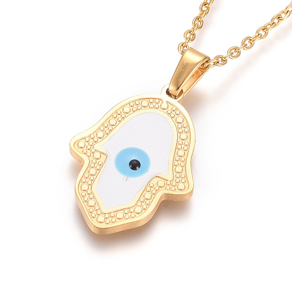 

PandaHall 304 Stainless Steel Enamel Pendant Necklaces, with Cable Chains and Lobster Claw Clasps, for Religion, Hamsa Hand with Evil Eye..., White