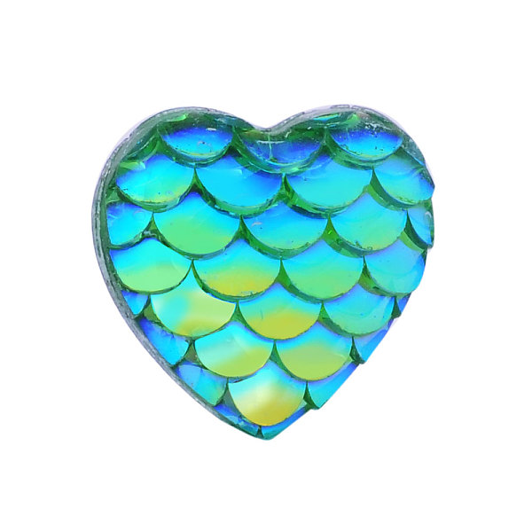 PandaHall Resin Cabochons, Heart with Mermaid Fish Scale, Turquoise, 12x12x3mm Resin Heart Green