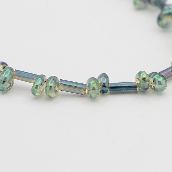 

PandaHall 2 Hole Electroplate Glass Oval Bead Strands, Full Rainbow Plated, with Glass Bugle Beads, Medium Aquamarine, 5x3mm, Hole: 1mm..., Green