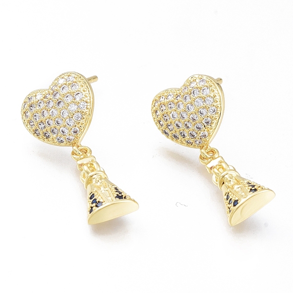 PandaHall Brass Micro Pave Cubic Zirconia Dangle Stud Earrings, Long-Lasting Plated, Heart, Golden, 24mm, Pin: 0.8mm Cubic Zirconia Clear