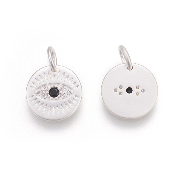 

PandaHall Brass Micro Pave Cubic Zirconia Charms, Lead Free & Cadmium Free, Flat Round with Eye, Black, Matte Silver, 10.5x10.5x1.5mm, Hole...