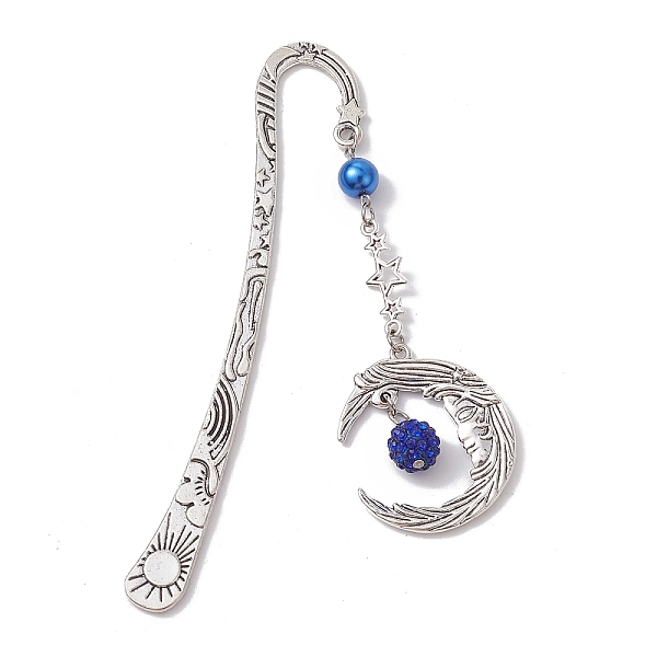 

PandaHall Alloy Moon Pendant Bookmark, Tibetan Style Alloy Hook Bookmarks, with Glass Pearl, Medium Blue, 112mm Alloy Moon