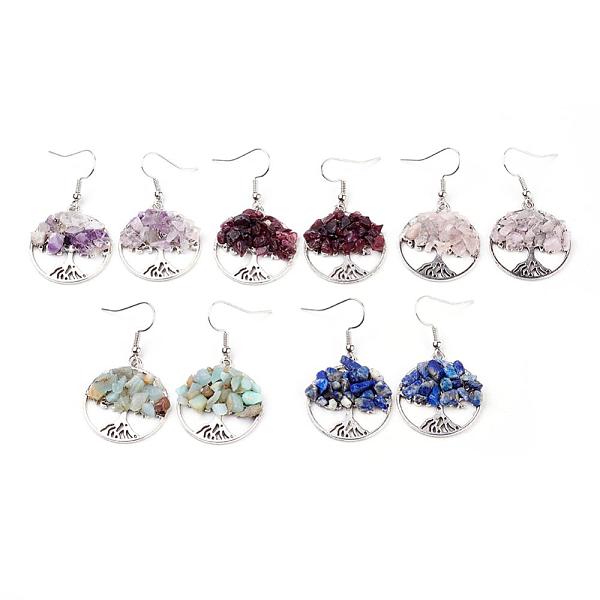 

PandaHall Natural Gemstone Dangle Earrings, with Brass Earring Hooks and Alloy Pendants, Flat Round and Tree, 46mm, Pin: 0.6mm Mixed Stone..., Multicolor
