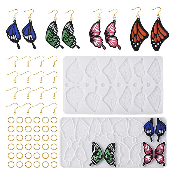 

PandaHall 2Pcs 2 Style Butterfly Wing Shape Pendant Silicone Molds, with 100Pcs Iron Earring Hooks & 100Pcs Jump Rings, White...