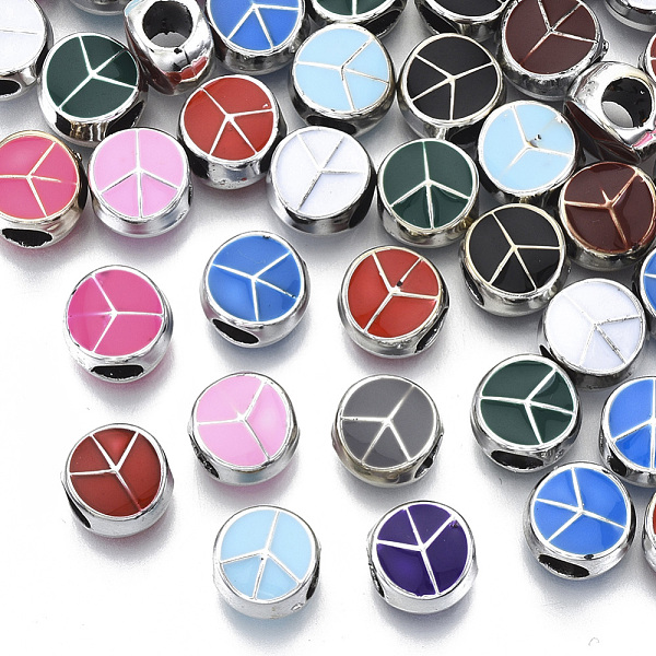 

PandaHall UV Plating Acrylic European Beads, with Enamel, Large Hole Beads, Flat Round with Peace Sign, Mixed Color, Platinum, 10x6.5mm..., Multicolor