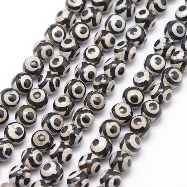 

PandaHall Tibetan Style 3-Eye dZi Beads, Natural Agate Bead Strands, Round, Dyed & Heated, Black, 8mm, Hole: 1mm, about 47pcs/strand, 15...