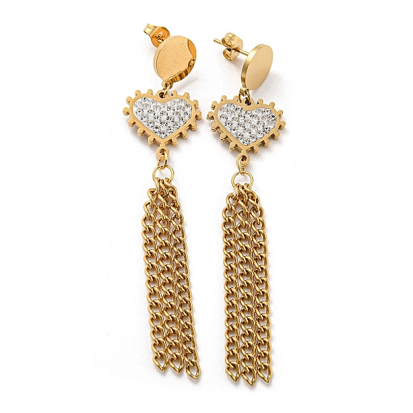

PandaHall Vacuum Plating Rhinestone Heart Dangle Stud Earrings, 304 Stainless Steel Chains Tassel Earrings, Golden, 75x16mm Rhinestone Heart