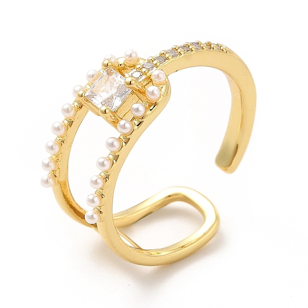 

PandaHall Clear Cubic Zirconia Square Knot Open Cuff Ring with Plastic Pearl Beaded, Brass Jewelry for Women, Real 18K Gold Plated, US Size...