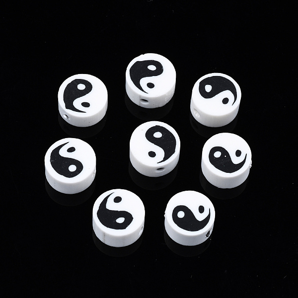 

PandaHall Handmade Polymer Clay Beads, Flat Round with Yin Yang, White, 9~10x9~10x4~7mm, Hole: 2mm Polymer Clay Flat Round White