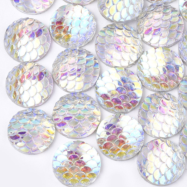 PandaHall Resin Cabochons, AB-Color, Flat Round with Mermaid Fish Scale, Clear AB, 12x3mm Resin Flat Round White