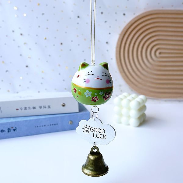 

PandaHall Porcelain Maneki Neko Hanging Bell Wind Chimes Decor, Feng Shui Lucky Cat for Car Interiors Hanging Ornaments, Light Green, 280mm...