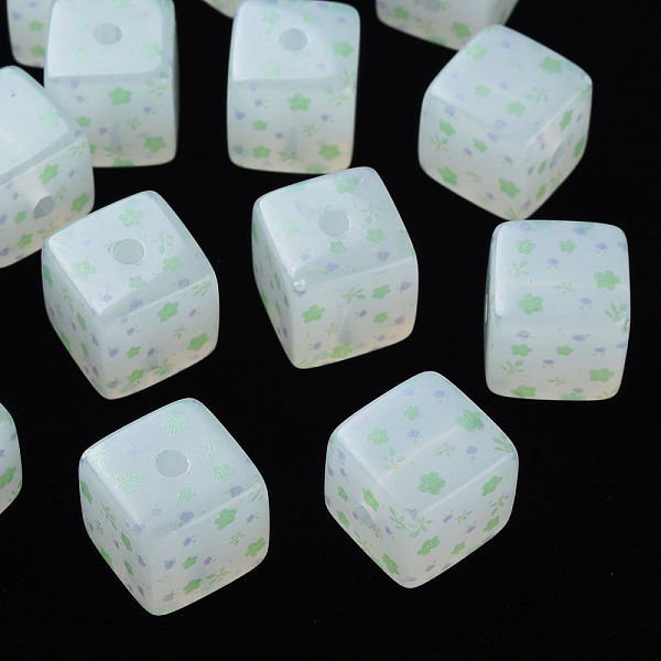 

PandaHall Printed Acrylic Beads, Square with Flower Pattern, Light Green, 16x16x16mm, Hole: 3mm Acrylic Flower