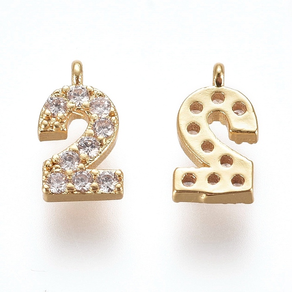 PandaHall Brass Micro Pave Clear Cubic Zirconia Charms, Number, Golden, Num.2, 9.5~10x4~6.5x2mm, Hole: 0.8mm Brass+Cubic Zirconia Number...