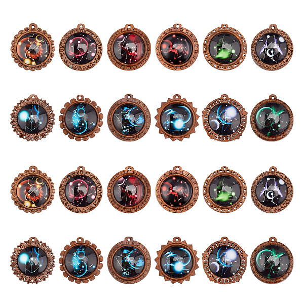 

PandaHall Glass Pendants, with Wooden Cabochon Settings, Half Round with 12 Constellations Pattern, Mixed Color, 44x43x11mm, Hole: 3mm..., Multicolor