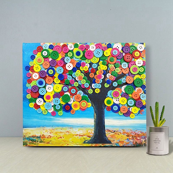 PandaHall Creative DIY Tree Pattern Resin Button Art, with Canvas Painting Paper and Wood Frame, Educational Craft Painting Sticky Toys for...