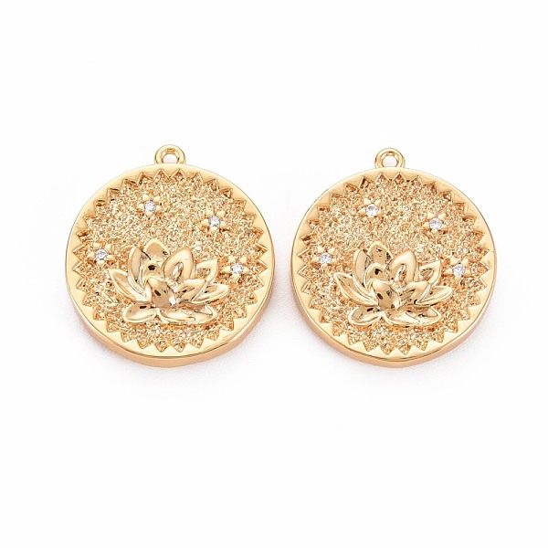 

PandaHall Brass Micro Pave Clear Cubic Zirconia Pendants, Nickel Free, Flat Round with Lotus, Real 18K Gold Plated, 20x17.5x3mm, Hole: 1mm...