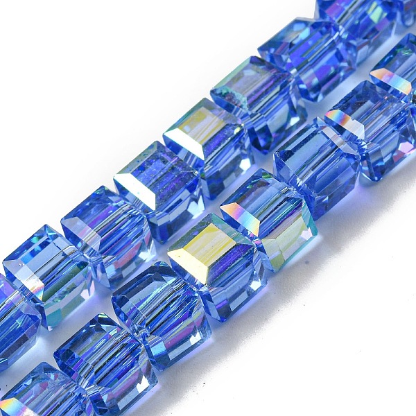 

PandaHall Electroplate Glass Beads Strands, Half Rainbow Plated, Faceted, Cube, Royal Blue, 7~7.5x7~7.5x7~7.5mm, Hole: 1mm Glass Cube