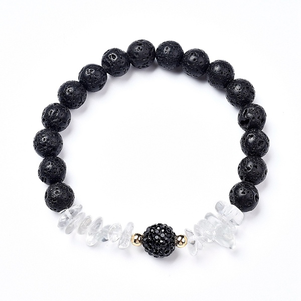 

PandaHall Stretch Bracelets, with Natural Lava Rock Round Beads & Quartz Crystal Chips Beads, Brass Beads and Rhinestone Pave Disco Ball..., Black