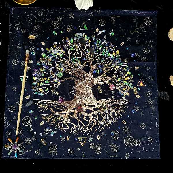 

PandaHall Velvet Fabric, Tarot Desk Fabric, Square with Tree of Life Pattern, Green Yellow, 640x640mm Velvet Square