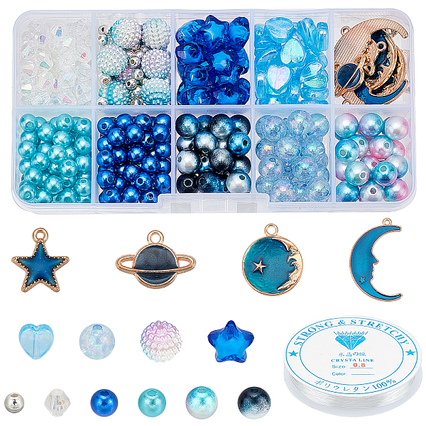 

PandaHall About 447 Pcs Planet Bracelet Making kit, Including Moon Star Alloy Enamel Pendants Pearl Acrylic Blue Series Beads and 0.8mm...