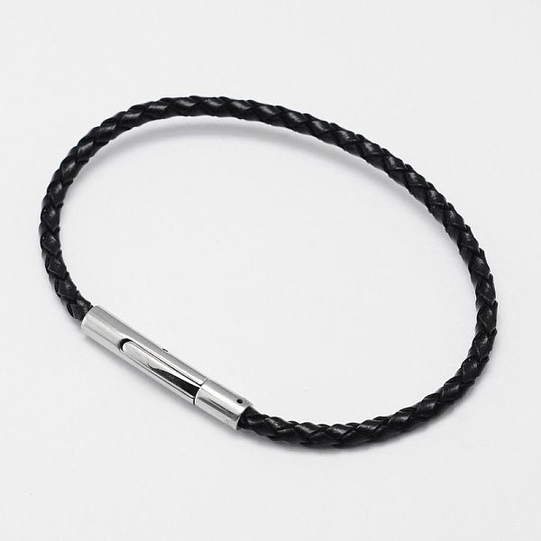 

PandaHall Braided Leather Cord Bracelet Making, with 304 Stainless Steel Bayonet Clasps, Black, 205x3.5mm Leather Black