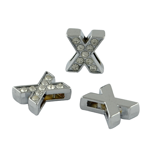 

PandaHall Alloy Initial Slide Charms with Grade A Rhinestones, Lead Free & Nickel Free, Platinum, Letter.X, 12~13x8~13x4~5mm, Hole: 8x2mm..., Clear