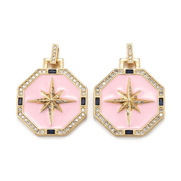 

PandaHall Brass Micro Pave Clear Cubic Zirconia Pendants, with Enamel, Octagon with Star, Real 18K Gold Plated, 29.5x25.5x4mm, Hole: 6x2.5mm..., Pink