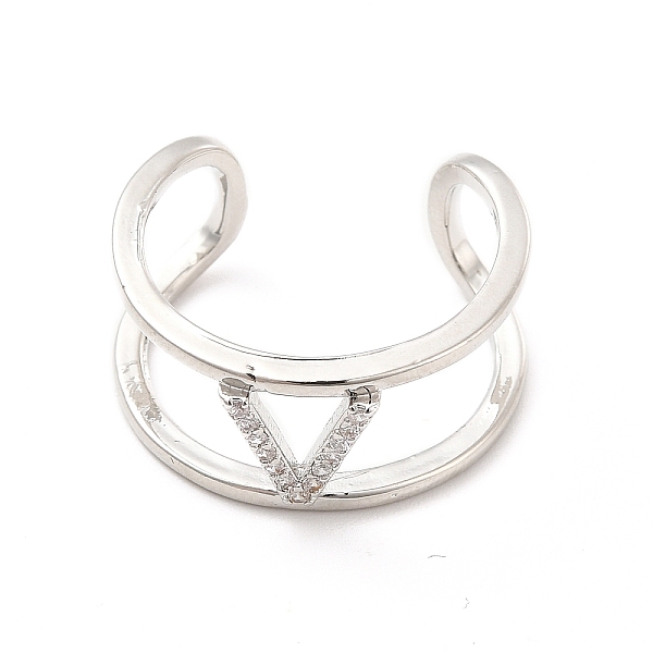

PandaHall Clear Cubic Zirconia Initial Letter Open Cuff Ring, Platinum Brass Double Line Ring for Women, Lead Free & Cadmium Free, Letter.V...