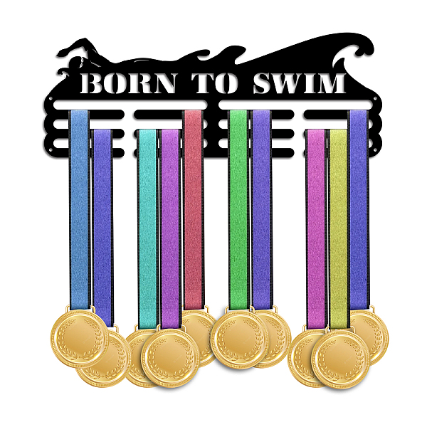 

PandaHall Fashion Iron Medal Hanger Holder Display Wall Rack, with Screws, Word Born To Swim, Sports Themed Pattern, 150x400mm Iron Sports