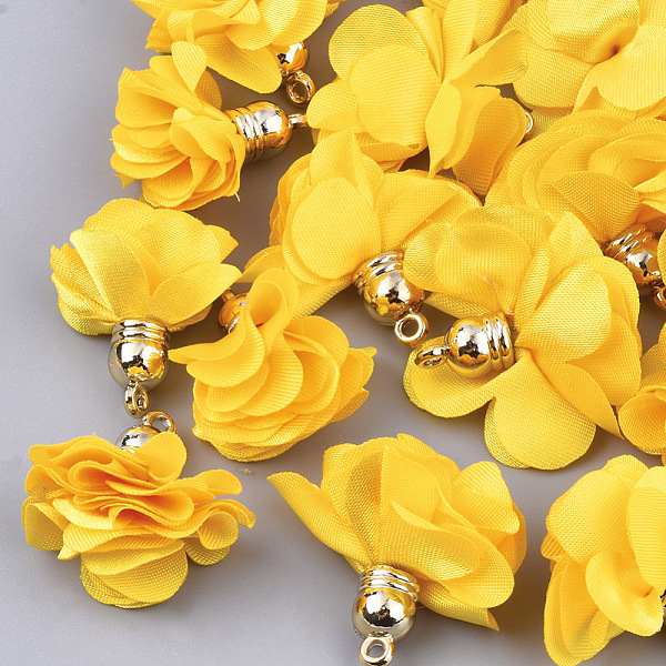 

PandaHall Cloth Pendants, with CCB Plastic, 6-Petal, Flower, Golden, Gold, 26~27x17~28mm, Hole: 1.6mm Cloth Flower Gold