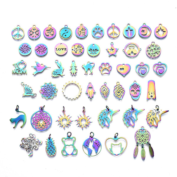

PandaHall Ion Plating(IP) 201 Stainless Steel Pendants and Links Connectors, Mixed Shapes, Laser Cut, Rainbow Color, 12~25x7~25x1mm, Hole...