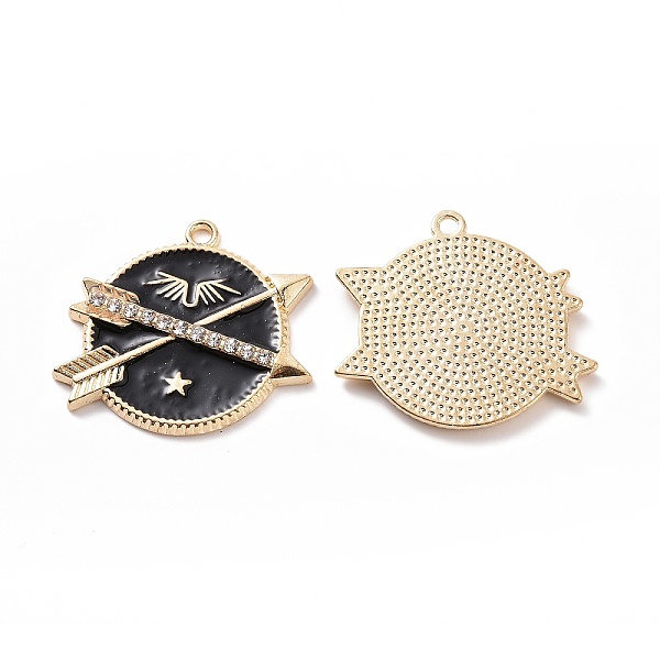 

PandaHall Alloy Enamel Pendants, with Rhinestone, Flat Round with Arrow Charm, Light Gold, 25.5x30x2.5mm, Hole: 1.8mm Alloy..., Black