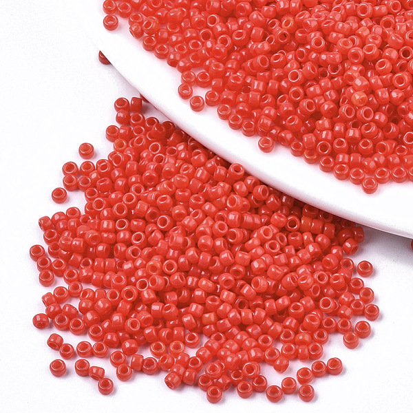

PandaHall Baking Paint Glass Seed Beads, Fit for Machine Eembroidery, Round, Orange Red, 2.5x1.5mm, Hole: 1mm, about 2222pcs/50g Glass