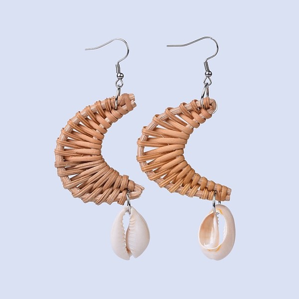 

PandaHall Handmade Reed Cane/Rattan Woven Dangle Earrings, with Cowrie Shell and 304 Stainless Steel Earring Hooks, Moon, Peru, 89mm, Pin..., Brown