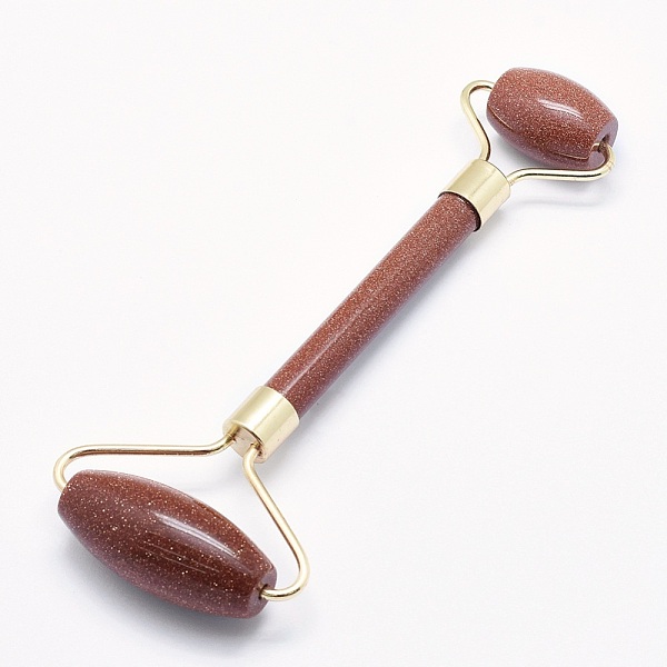 PandaHall Synthetic Goldstone Brass Face Massager, Facial Rollers, Golden, 142~150x54~58x19~22mm Goldstone Others