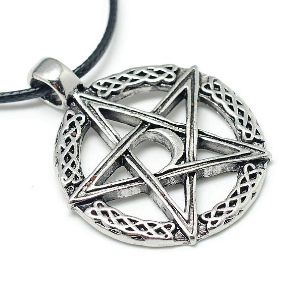 

PandaHall Alloy Pendant Necklaces, Wicca Jewelry, with Waxed Cord and Iron End Chains, Star and Moon, Antique Silver, 17.3 inch(44cm) Alloy