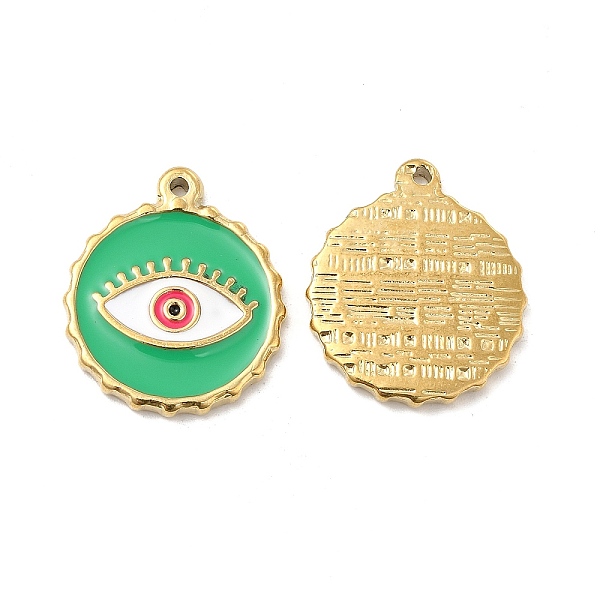 

PandaHall Vacuum Plating 201 Stainless Steel Enamel Pendants, Real 18K Gold Plated, Flat Round with Evil Eye Charm, Medium Sea Green...