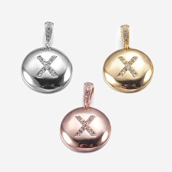 

PandaHall Brass Pendants, with Cubic Zirconia, Cadmium Free & Lead Free, Flat Round with Letter, Mixed Color, Letter.X, 22mm, Hole: 2x3mm...