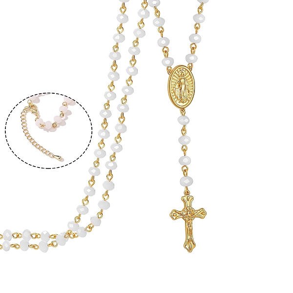 

PandaHall Glass Rosary Bead Necklace, Golden Brass Cross & Jesus Pendant Necklace, White, 19.69 inch(50cm) Brass Cross White
