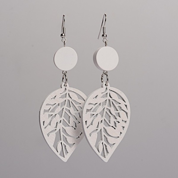 

PandaHall Trendy Leaf Wood Dangle Earrings, with Platinum Plated Iron Earring Hooks, White, 90x34mm, Pin: 0.8mm Wood White