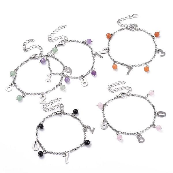 PandaHall Natural Gemstone Bracelets, with 304 Stainless Steel Mixed Number Charms and Lobster Claw Clasps, 7-1/2 inch(19cm), 2.5mm Mixed...