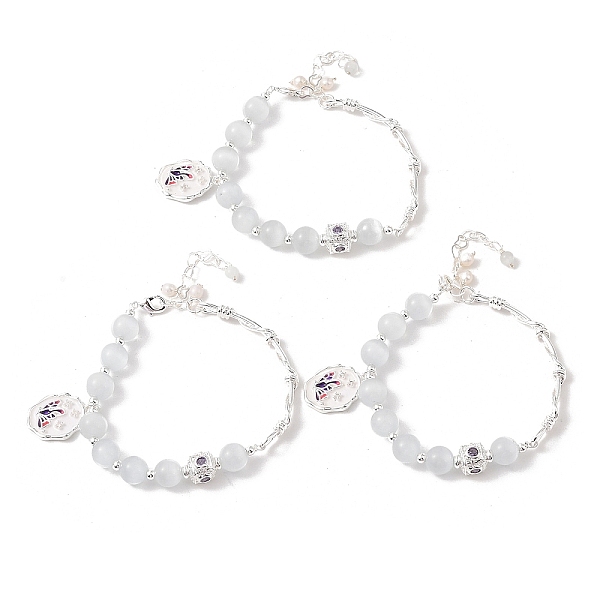 

PandaHall Natural Pearl & Round Cat Eye & Glass Beaded Bracelets, Brass Enamel Charm Bracelets for Women, Silver, 6-1/4 inch(15.9cm) Pearl
