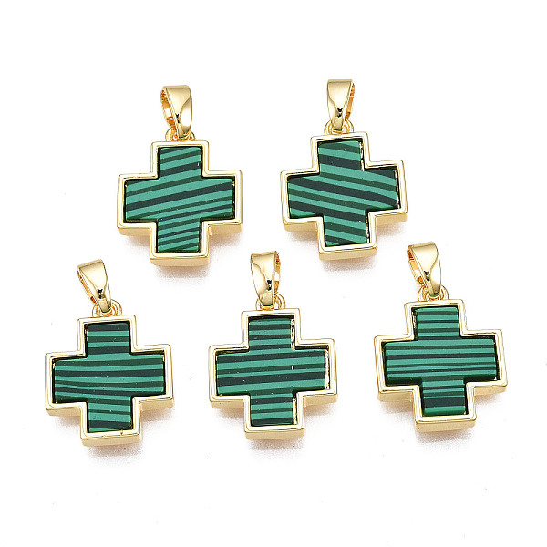 

PandaHall Real 18K Gold Plated Brass Pendants, with Synthetic Malachite Cabochons, Cadmium Free & Nickel Free & Lead Free, Cross, Malachite...