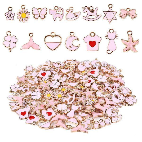 

PandaHall 150Pcs 15 Style Alloy Enamel Pendants, Mixed Shapes, Light Gold, Pink, 10pcs/style Alloy+Enamel Mixed Shapes Pink