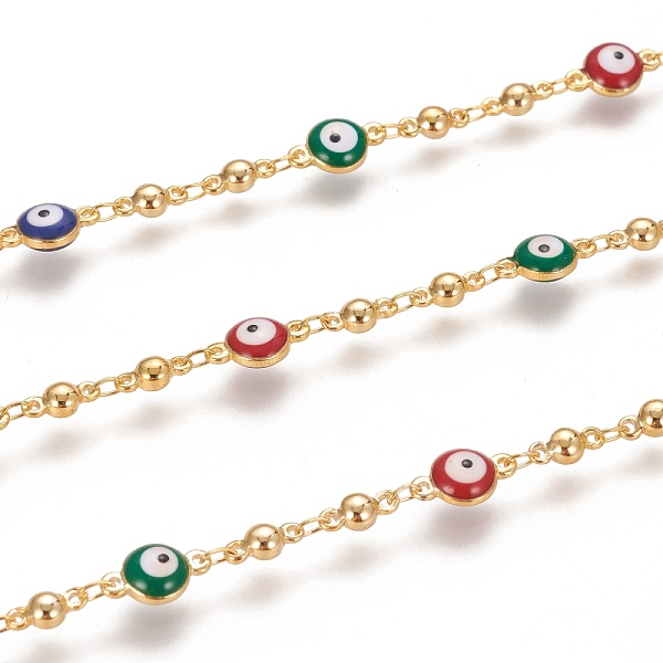 

PandaHall Handmade Brass Link Chains, with Enamel and Spool, Soldered, Long-Lasting Plated, Round & Evil Eye, Colorful, Real 18K Gold Plated...