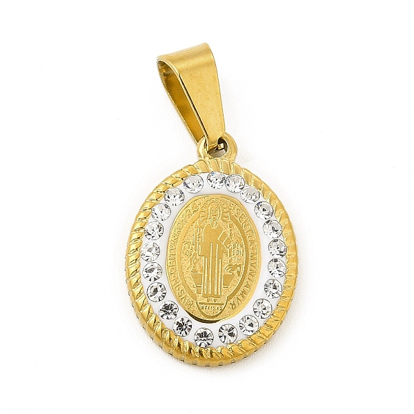 

PandaHall Vacuum Plating 304 Stainless Steel Pendants, with Crystal Polymer Clay Rhinestone, Oval with Saint Benedict Medal, Golden..., White