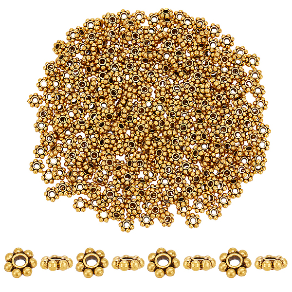 

PandaHall 300Pcs Tibetan Style Alloy Beads Daisy Spacer Beads, Granulated Beads, Antique Golden, 6x2mm, Hole: 1.5mm Alloy Rondelle