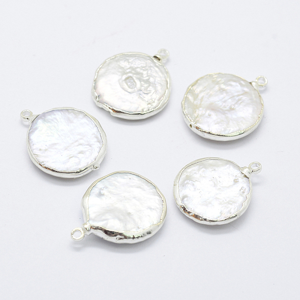 

PandaHall Natural Cultured Freshwater Pearl Pendants, with Brass Findings, Flat Round, Silver, 20~26x16~20x4~6mm, Hole: 1mm Pearl Flat Round..., White